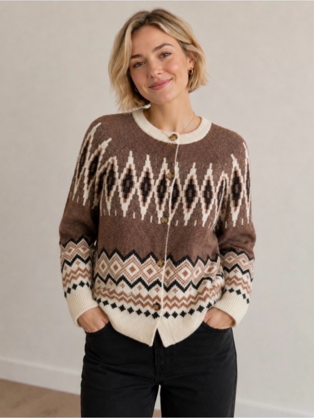 J.Crew Holiday 2022 Fair Isle Cardigan Merino Wool Alpaca Brown Cream Nordic